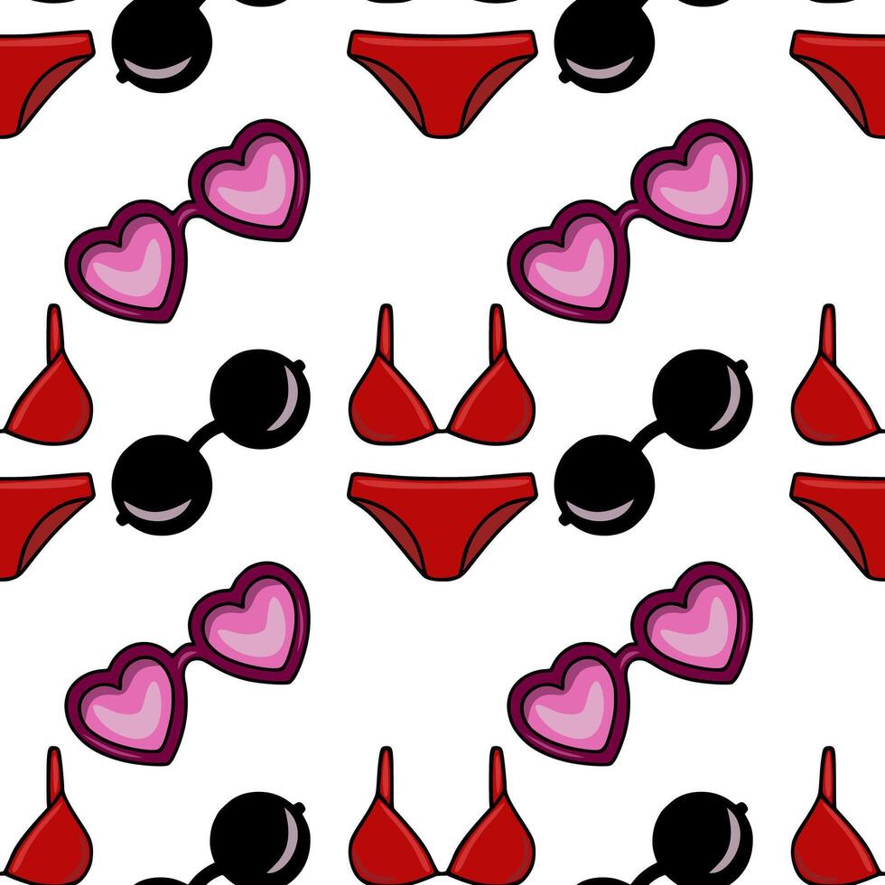 Seamless pattern featuring red bikini bottoms and tops, heartshaped sunglasses, and round sunglasses, creating a playful and vibrant summer design. vector