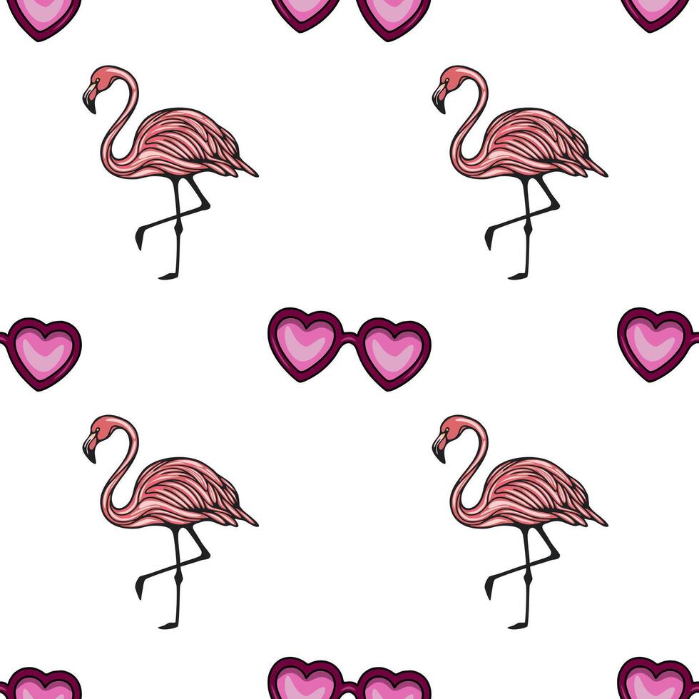 Seamless pattern featuring pink flamingos and heartshaped sunglasses, a playful summer design perfect for fashion or tropicalthemed projects. vector