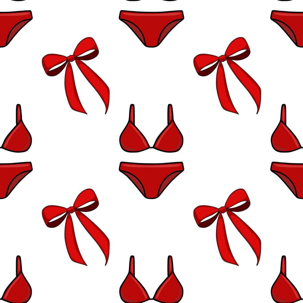 Seamless pattern featuring red bikinis and bows, a playful and stylish design perfect for summer fashion or gift wrap. vector
