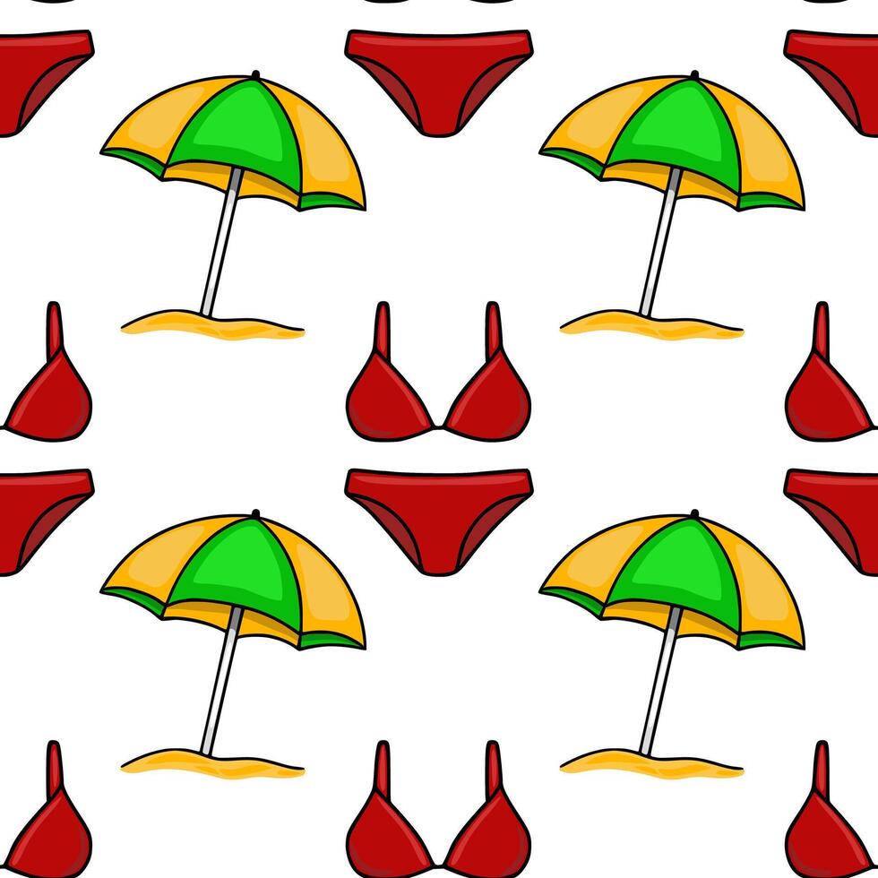Seamless pattern featuring a cheerful summer design with red bikinis and yellowgreen beach umbrellas planted in the sand, creating a vibrant and playful beach vibe. vector