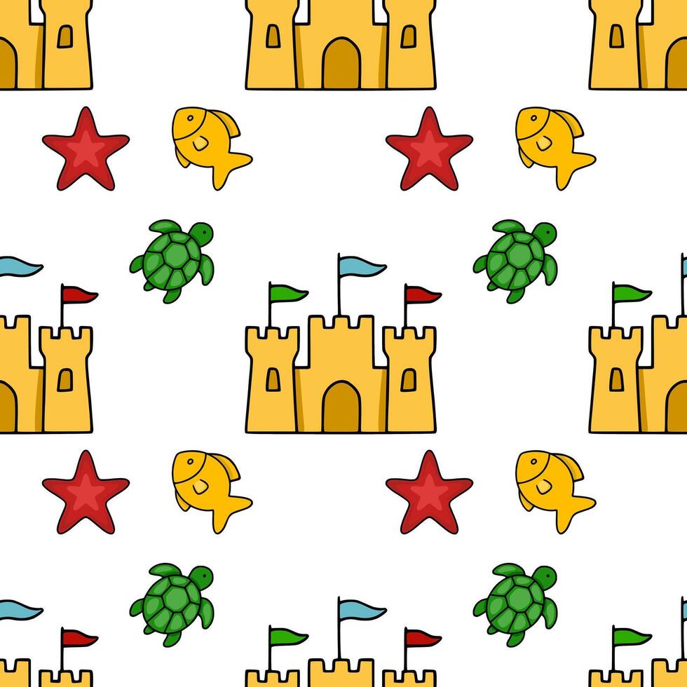 Seamless pattern of cheerful cartoon sandcastles, starfish, goldfish, and turtles, perfect for kids summer designs. vector