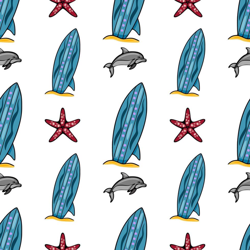 Seamless pattern featuring playful dolphins, vibrant surfboards, and starfish on a white background, creating a cheerful summer beach vibe. vector