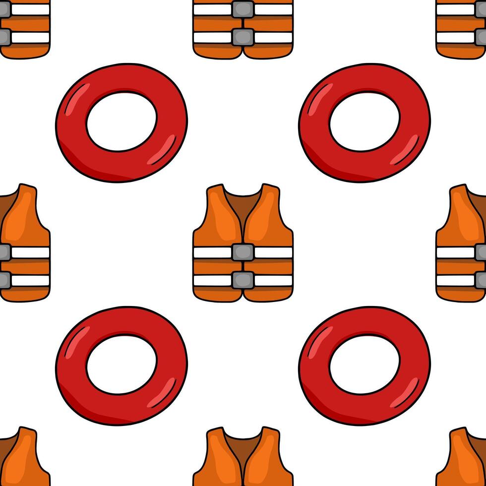 Seamless pattern featuring vibrant orange life vests and red inflatable rings, creating a playful and summery design ideal for textile prints or website backgrounds. vector