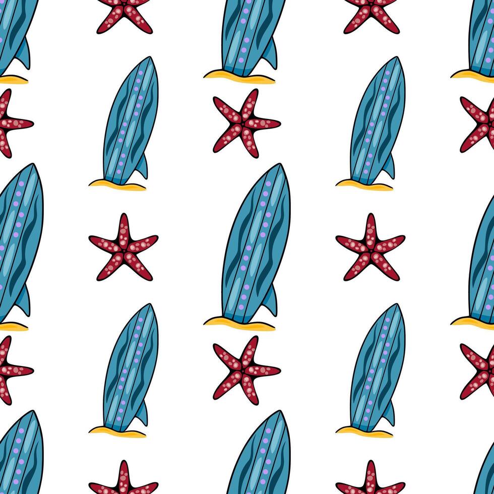 Seamless pattern featuring teal surfboards and red starfish on a white background, creating a vibrant summer beach vibe. vector