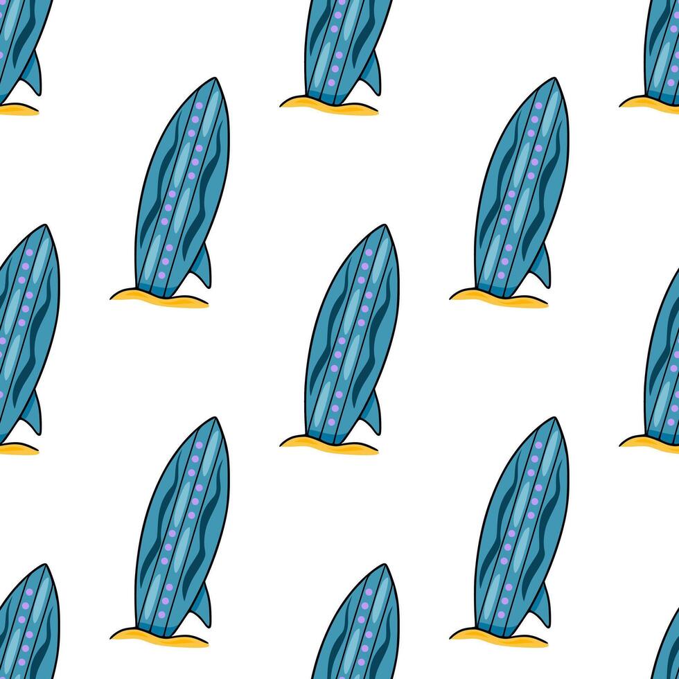 Seamless pattern of stylized surfboards on the sand, featuring teal and purple color scheme and a playful, summery vibe. vector