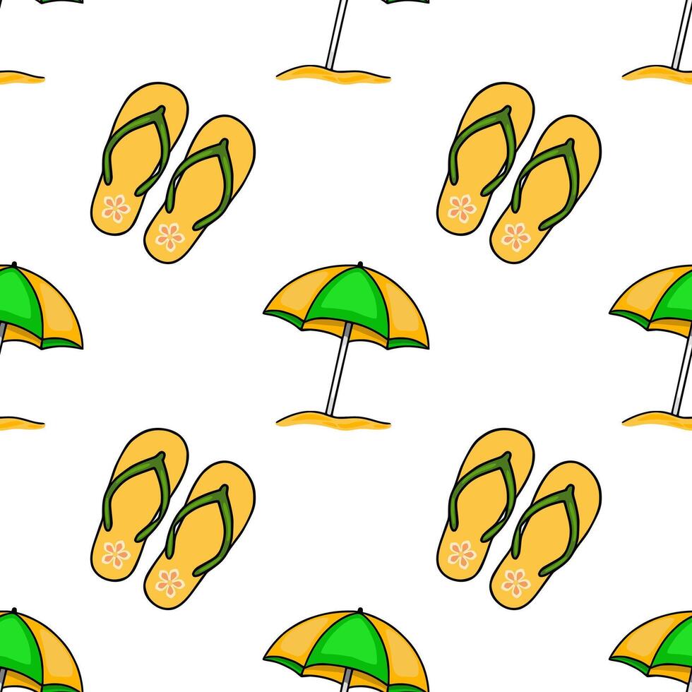 Seamless pattern of cheerful yellow flipflops and vibrant yellowgreen beach umbrellas on a white background, creating a playful summer vibe. vector