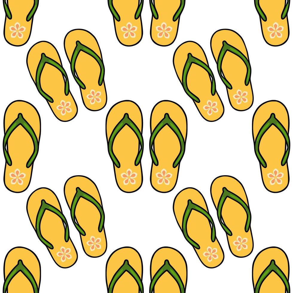 Seamless pattern of yellow flipflops with peach flowers and green straps, creating a cheerful summery design perfect for beachthemed projects. vector