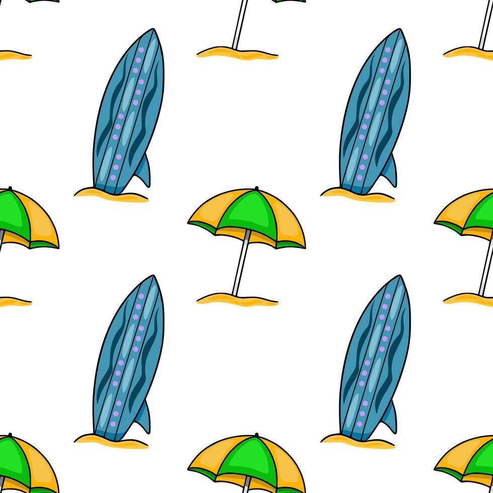 Seamless pattern featuring vibrant teal surfboards and yellowgreen beach umbrellas playfully nestled in the sand, creating a cheerful summer vibe. vector