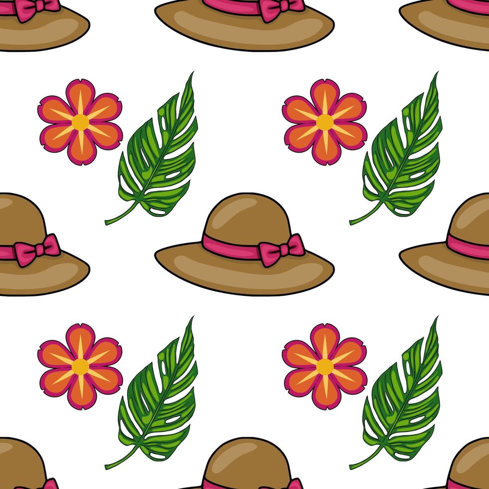 Seamless pattern featuring brown sun hats with pink ribbons, vibrant orange flowers, and lush green monstera leaves, creating a cheerful summer vibe. vector