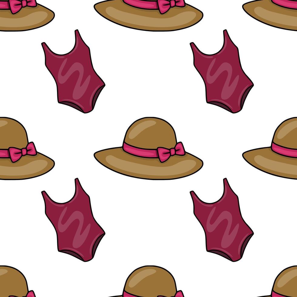 Seamless pattern featuring stylish brown hats with pink ribbons and burgundy swimsuits, ideal for summer fashion or beachthemed designs. vector