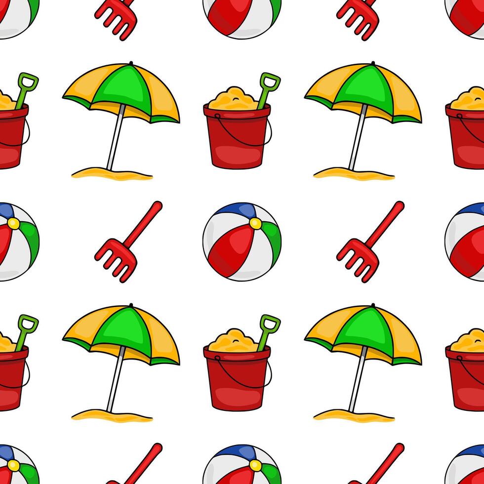 Seamless pattern of vibrant beach toys beach ball, pail, shovel, rake and beach umbrella on white background, ideal for summerthemed designs. vector