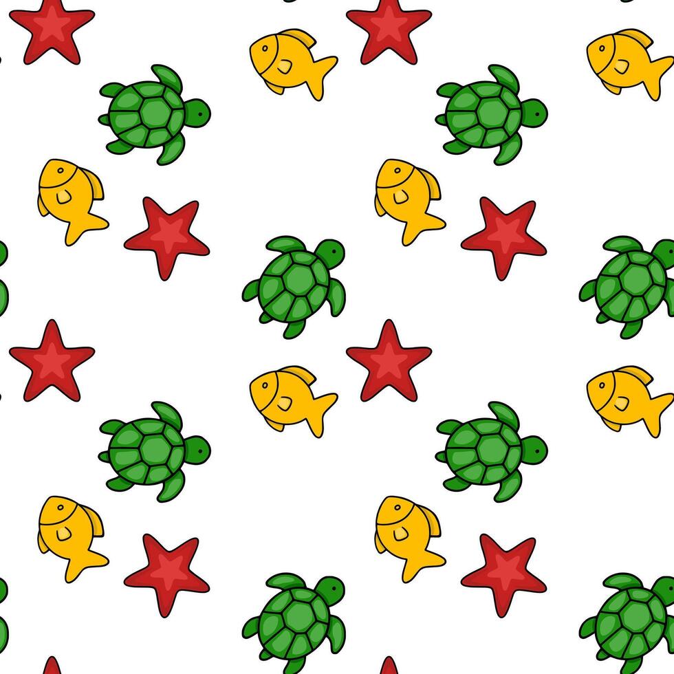 Seamless pattern featuring playful cartoon turtles, goldfish, and starfish on a white background, creating a vibrant and cheerful underwater scene. vector