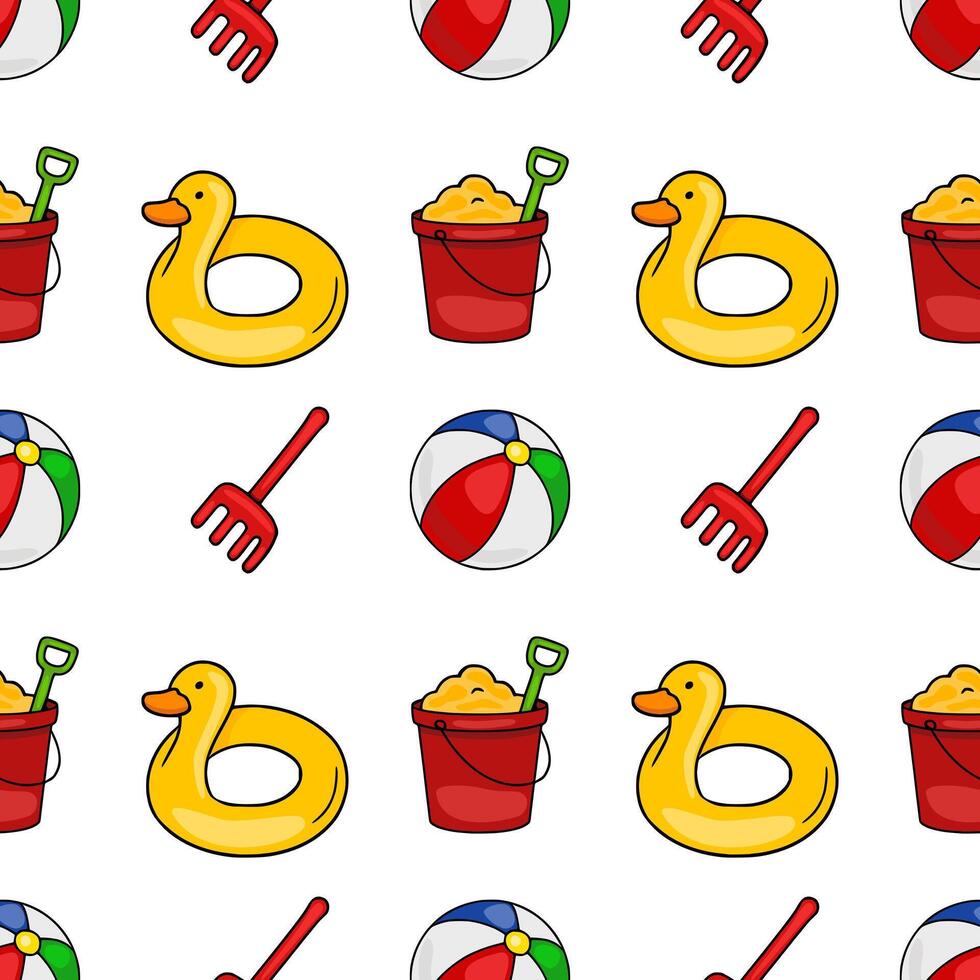 Seamless pattern of cheerful summer beach toys inflatable duck, beach ball, bucket and spade, creating a playful and vibrant design perfect for kids products or summerthemed projects. vector
