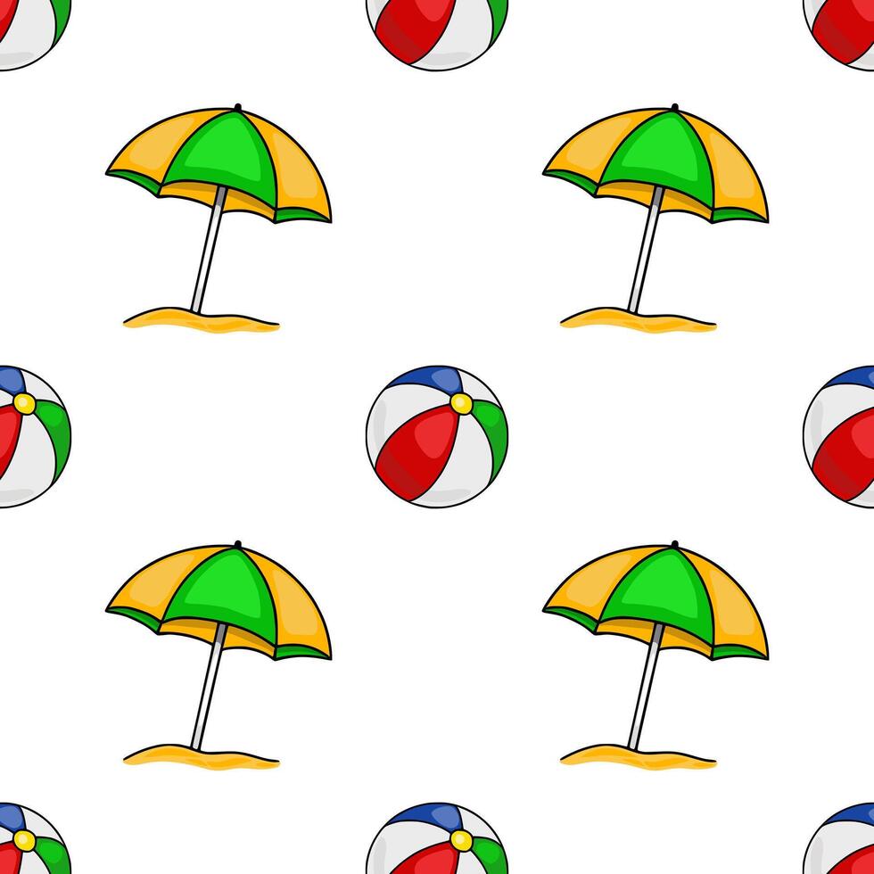 Seamless pattern of vibrant beach umbrellas and multicolored beach balls on a white background, creating a cheerful summer vibe. vector
