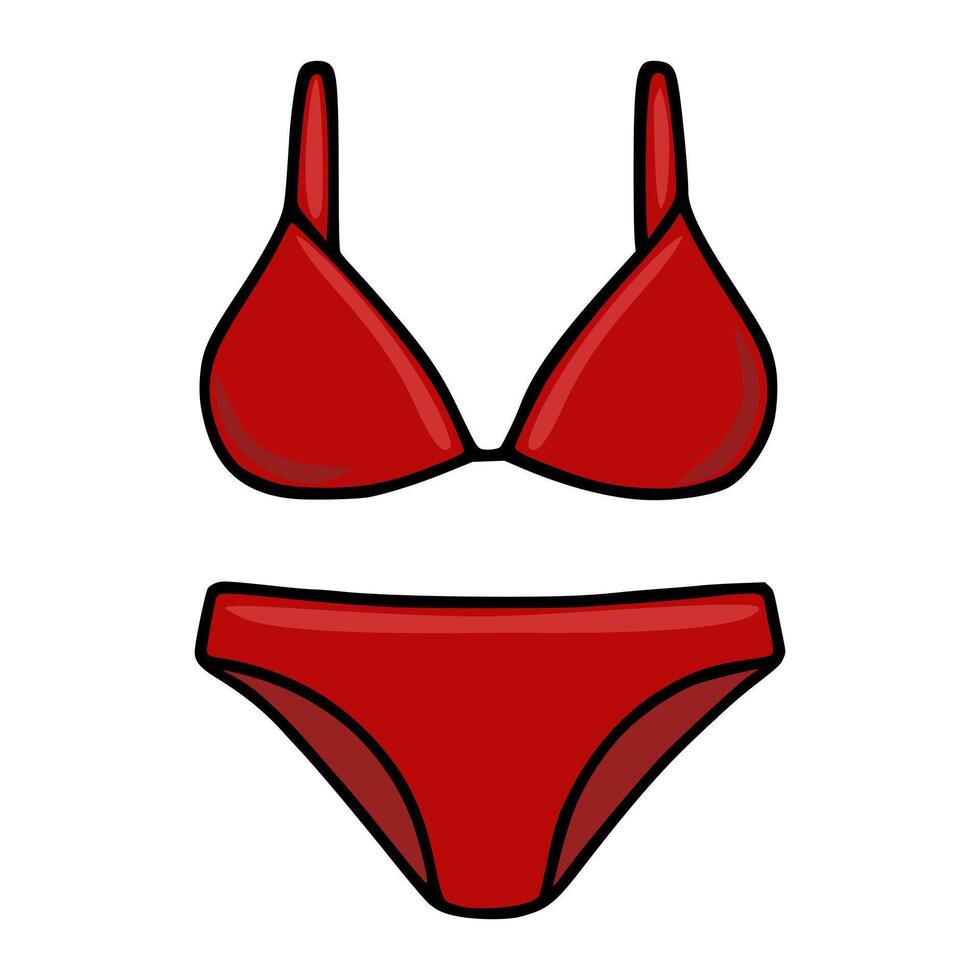 illustration of a stylish red bikini, featuring a classic triangle top and a highcut bottom, rendered in a bold, cartoonish style with distinct black outlines. vector
