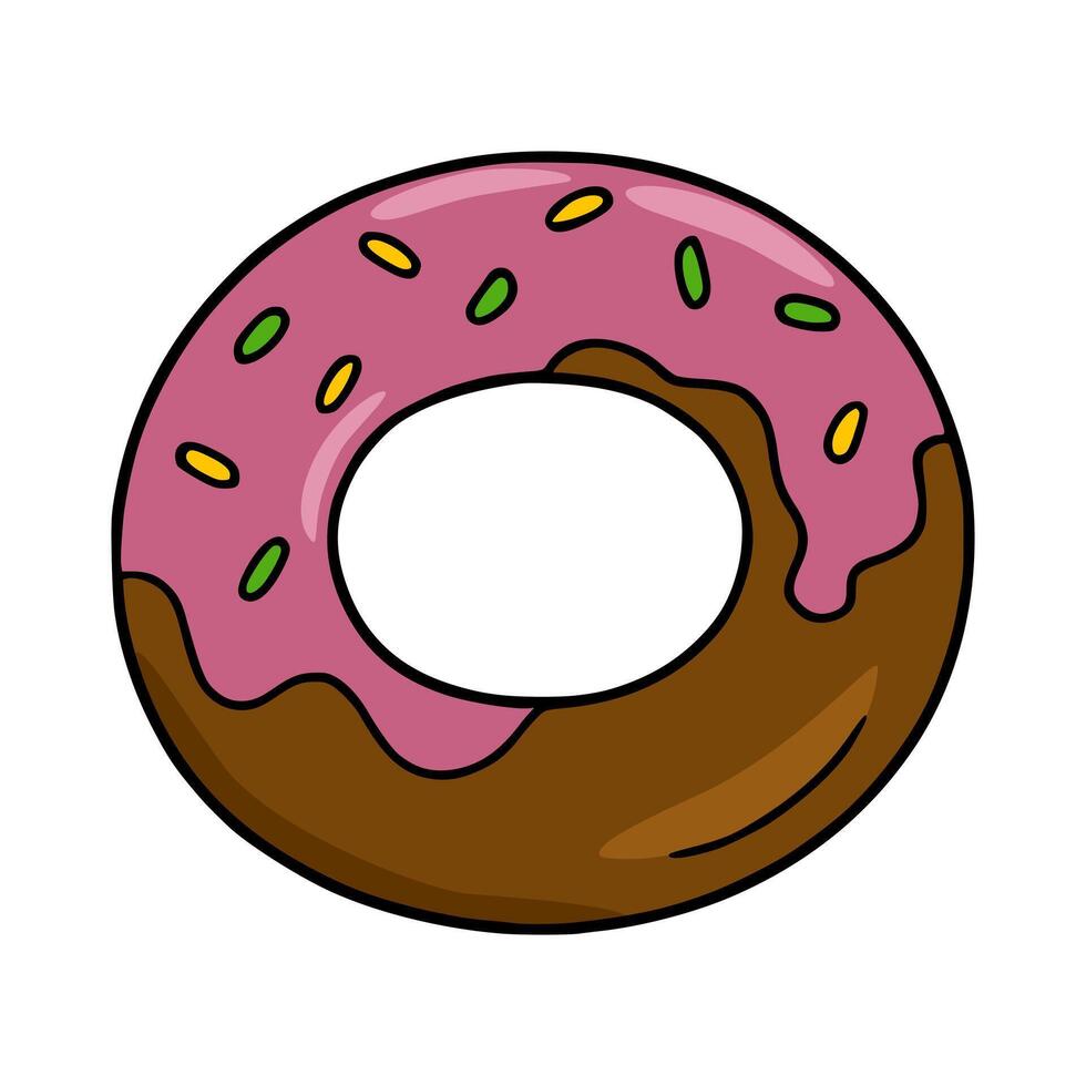 Delicious illustration of a single chocolate and pink glazed donut with colorful sprinkles, perfect for bakery branding or dessertthemed designs. vector