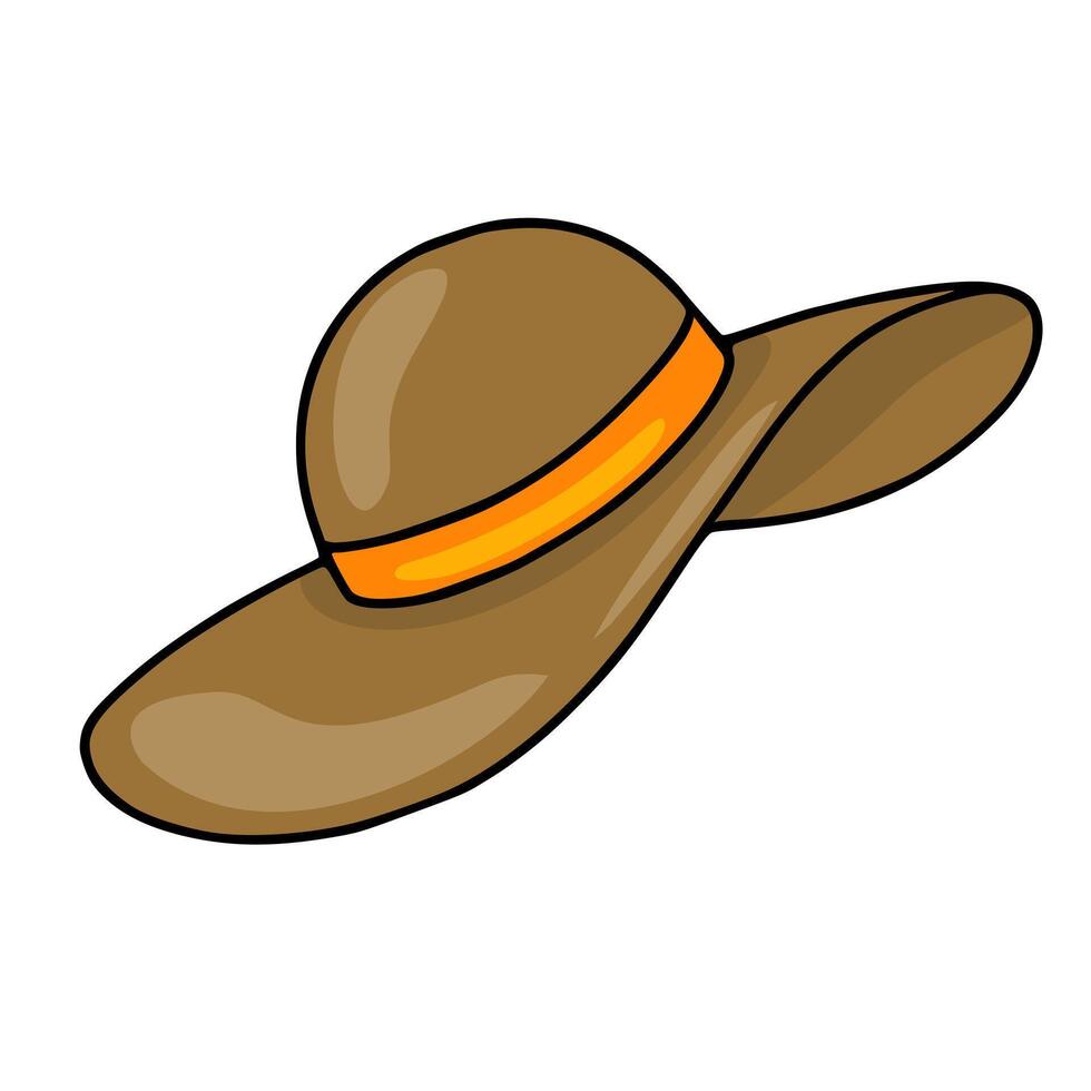 Elegant brown illustration of a widebrimmed summer hat with an orange ribbon, perfect for fashion design or summerthemed projects. vector