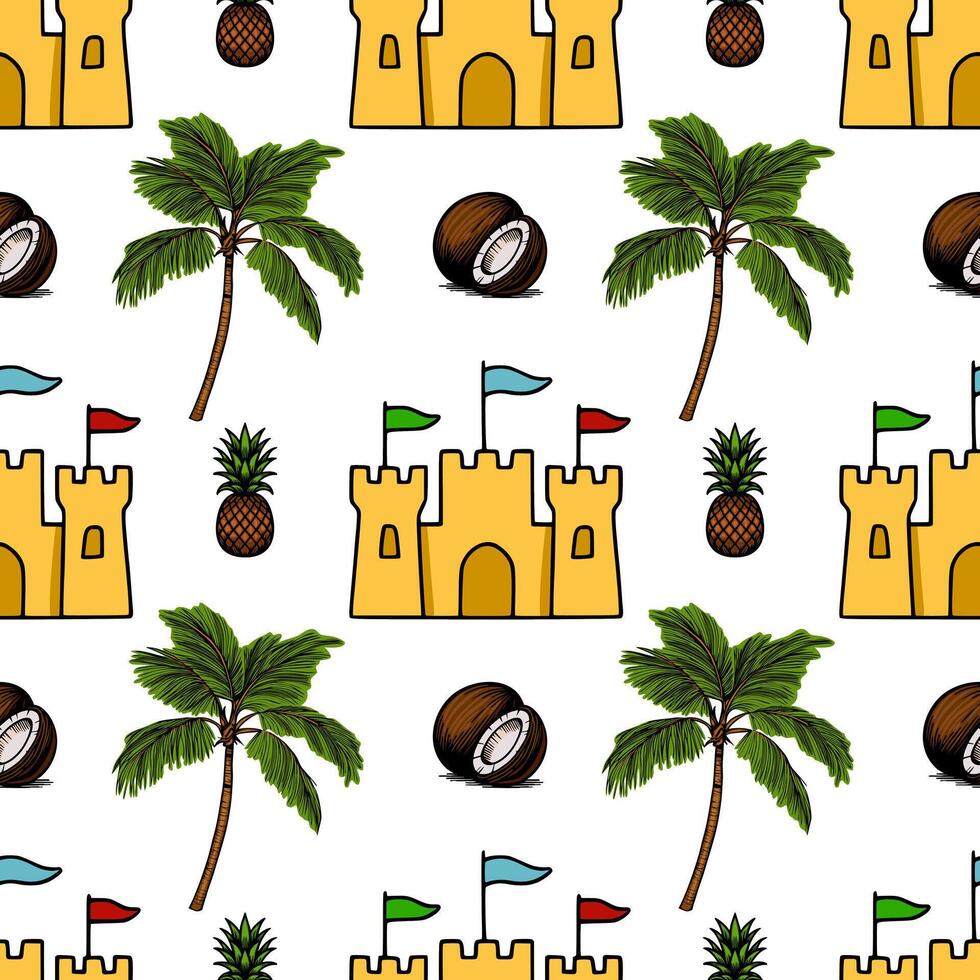 Seamless pattern with handdrawn tropical elements palm trees, sandcastles with flags, pineapples, and coconuts, creating a playful summer vibe. vector