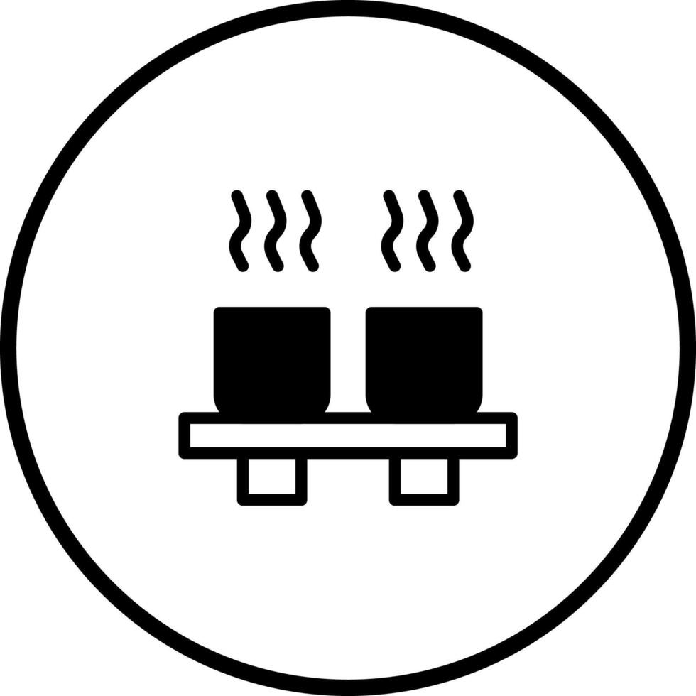 Minimalistic icon featuring two steaming cups arranged neatly on a sleek shelf within a circular border vector