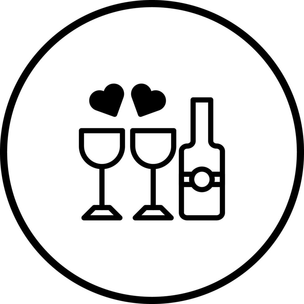 Elegant celebration icon showcasing two glasses hearts and wine bottle within a circular frame vector