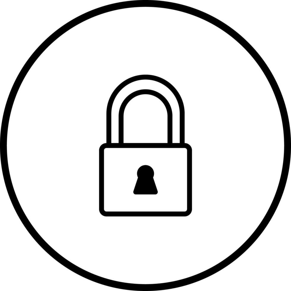 Black and white round icon illustration of a closed padlock representing security ensuring privacy and protection vector
