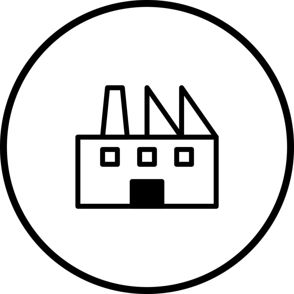 A simple minimalist factory icon inside a circle featuring industrial architecture and chimney outline design vector