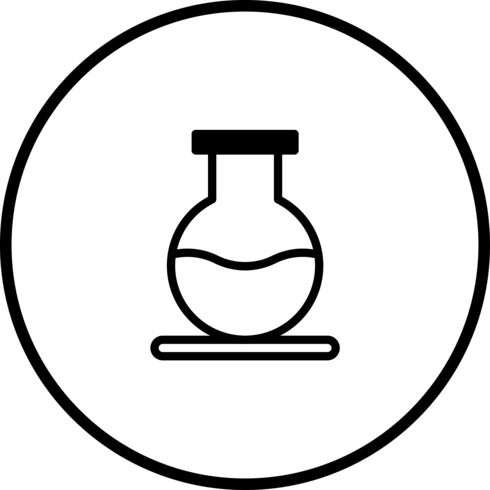 A simple circular icon illustrating a round bottom flask with liquid inside it emphasizing science and laboratory work vector
