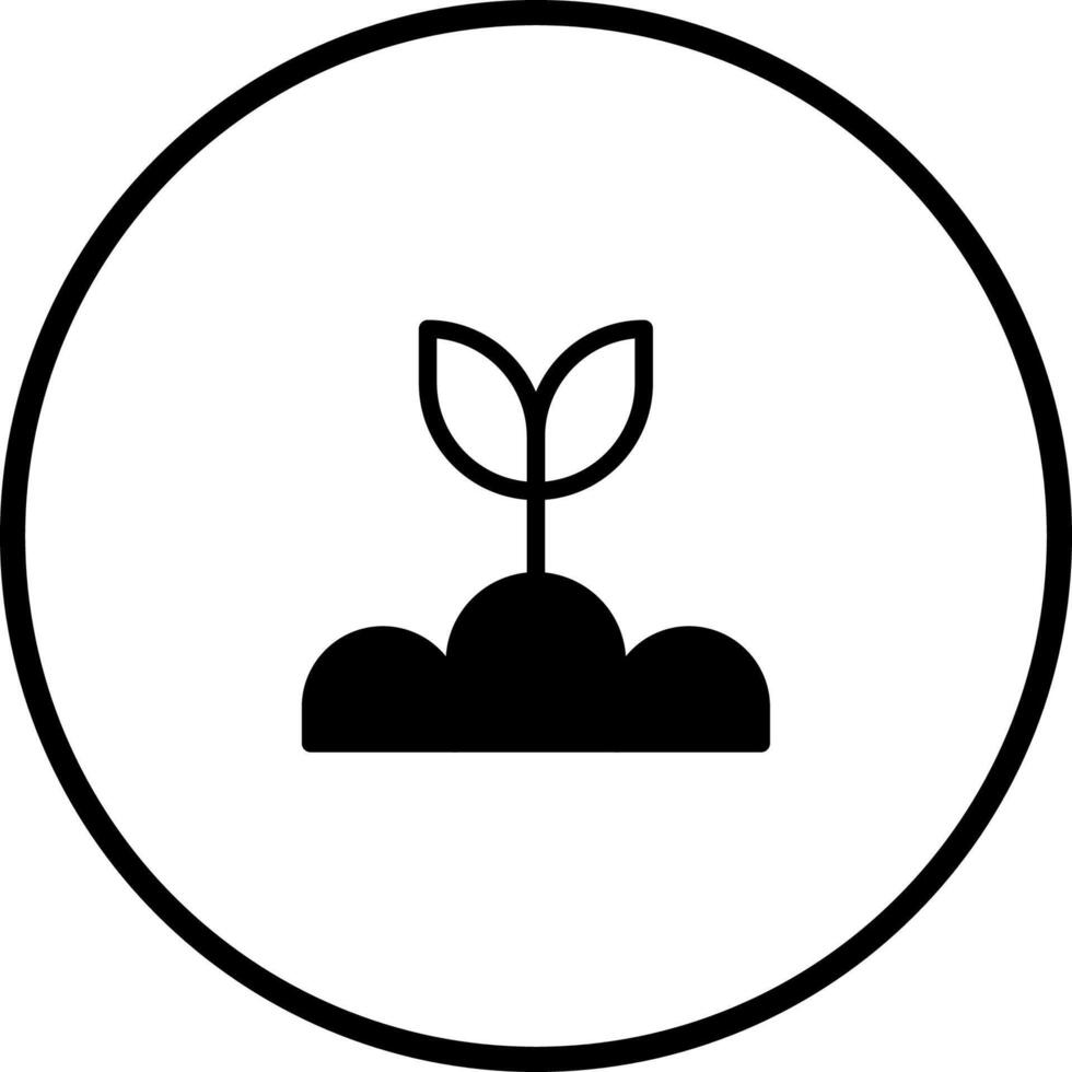 A simple black and white line drawing of a plant sprouting from soil with a circle border vector