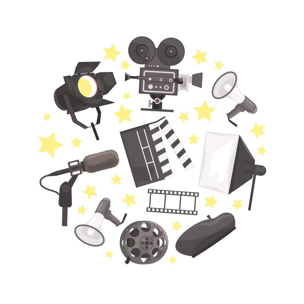 Cinema, Film Production, Cinematography Industry Attributes of Circular Shape Flat Illustration vector