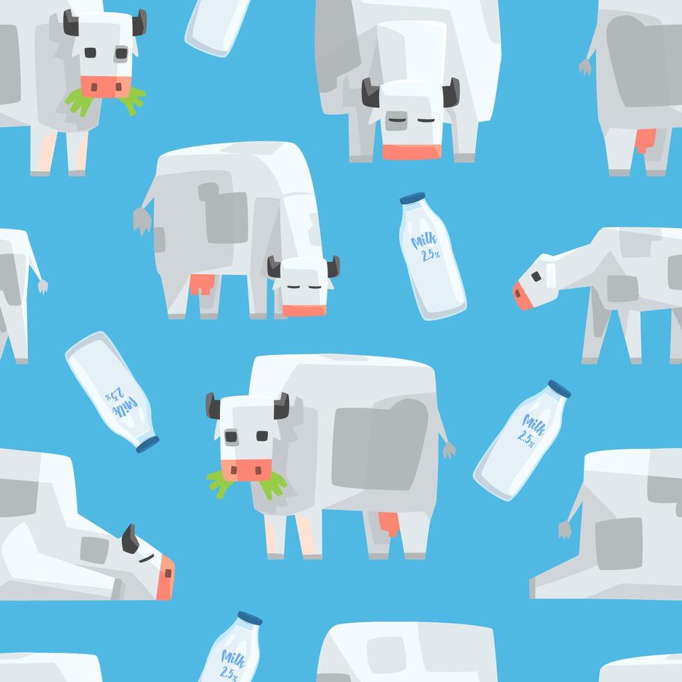 Pixel Cow and Milk Bottle Seamless Pattern, Natural Dairy Products, Textile, Wallpaper, Wrapping Paper, Background Design Cartoon Illustration vector