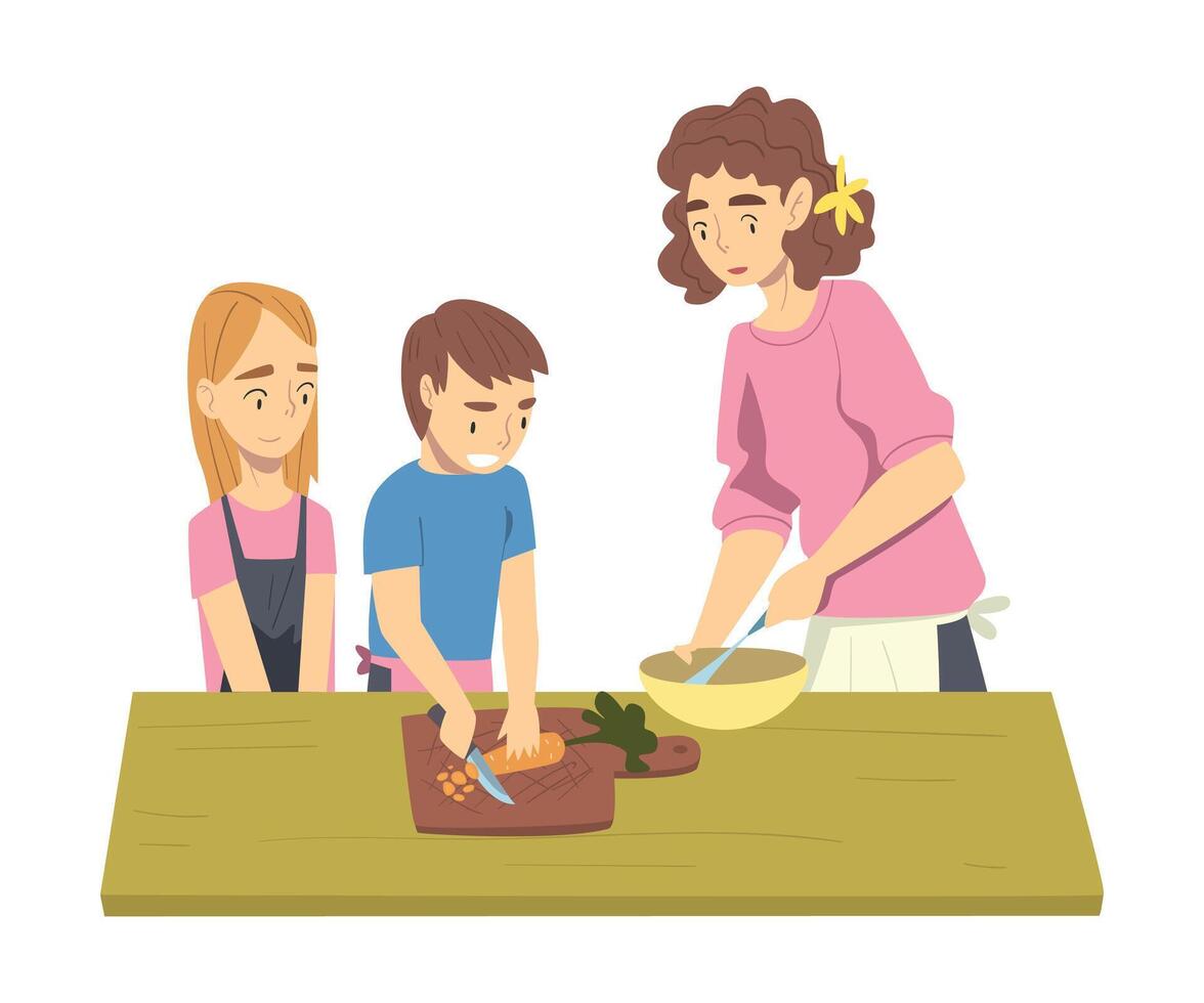 Happy Family Cooking in the Kitchen, Mom Spending Time with her Children and Cooking Together Cartoon Style Illustration vector