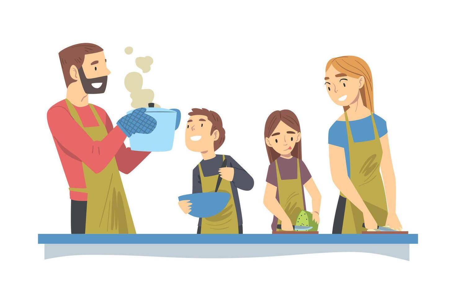 Happy Family Cooking in the Kitchen, Mom and Dad Spending Time with their Children and Cooking Together Cartoon Style Illustration vector