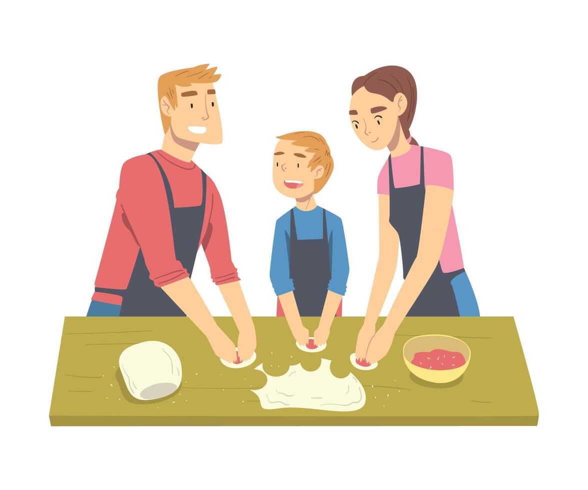 Happy Family Cooking Dumplings in the Kitchen, Parents Spending Time with their Son and Cooking Together Cartoon Style Illustration vector