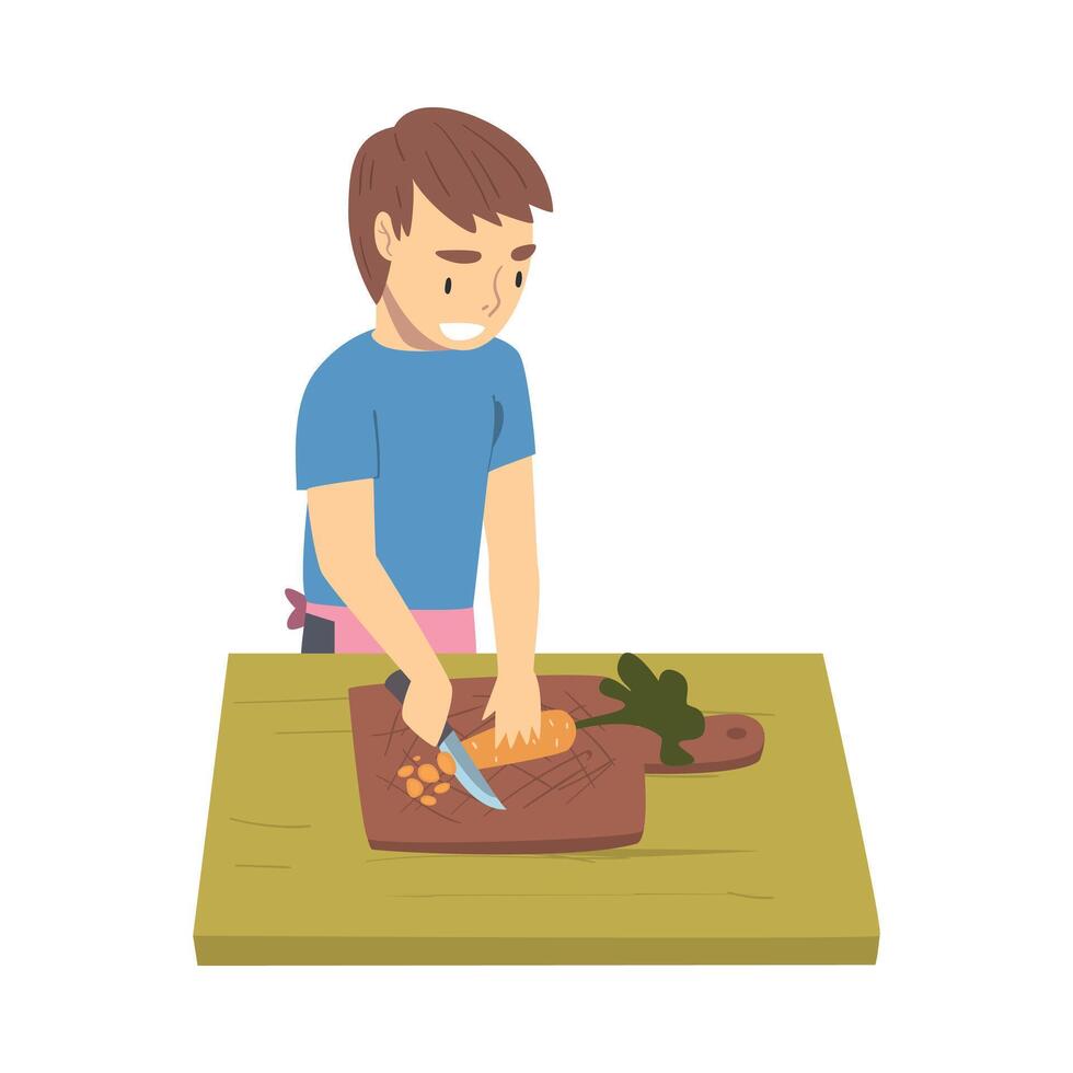 Cute Smiling Boy Cooking in the Kitchen, Child Cutting Carrot on Wooden Chopping Board Cartoon Style Illustration vector