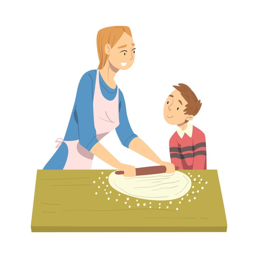 Mom and her Son Rolling out the Dough in the Kitchen, Parent Spending Time with Child and Cooking Together Cartoon Style Illustration vector