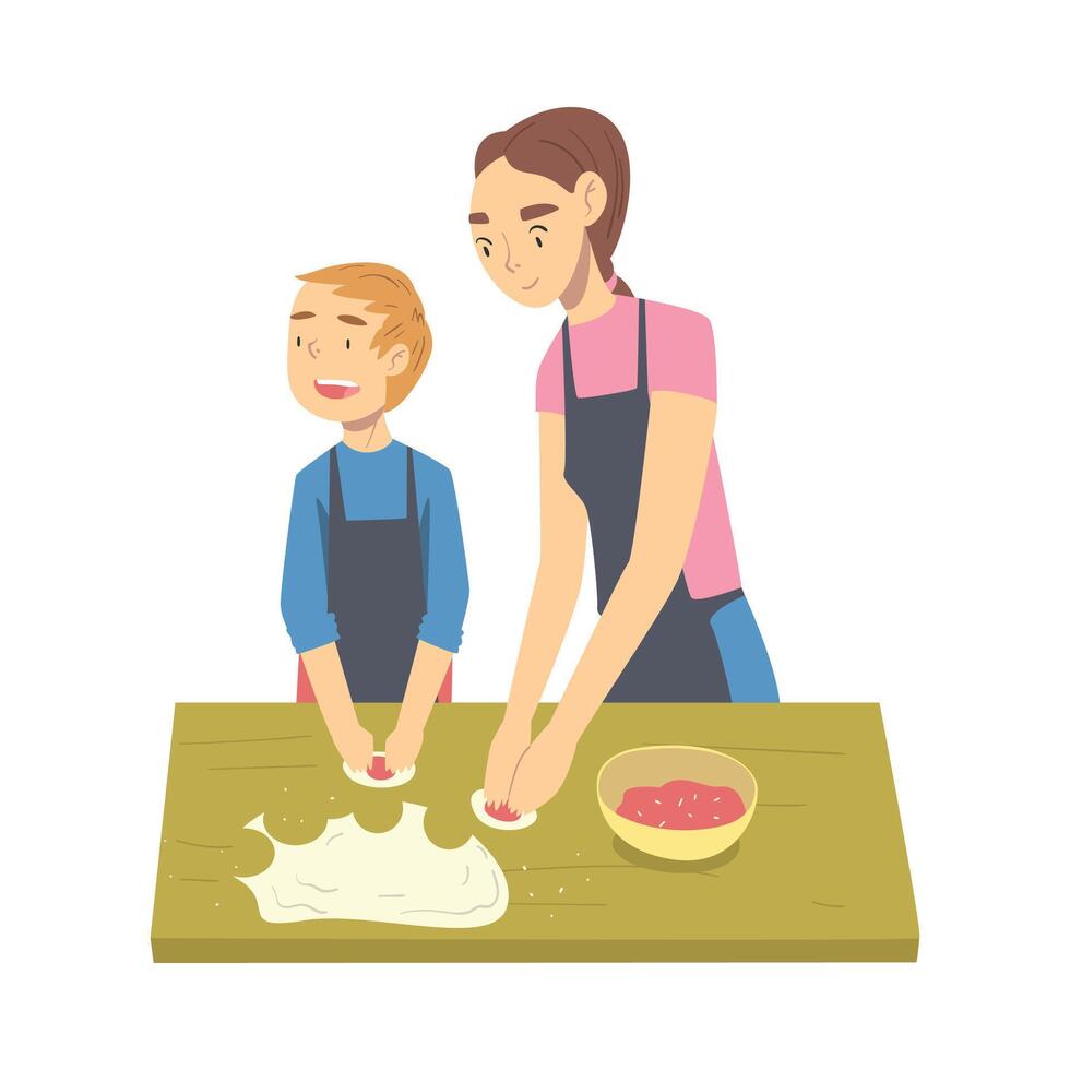 Mom and her Son Cooking Dumplings, Parent Spending Time with Child and Cooking Together in the Kitchen Cartoon Style Illustration vector