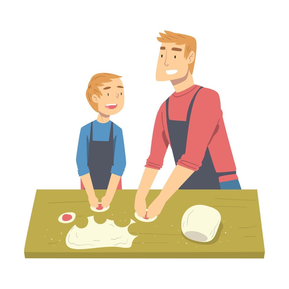 Dad and his Son Cooking Dumplings, Parent Spending Time with Child and Cooking Together in the Kitchen Cartoon Style Illustration vector