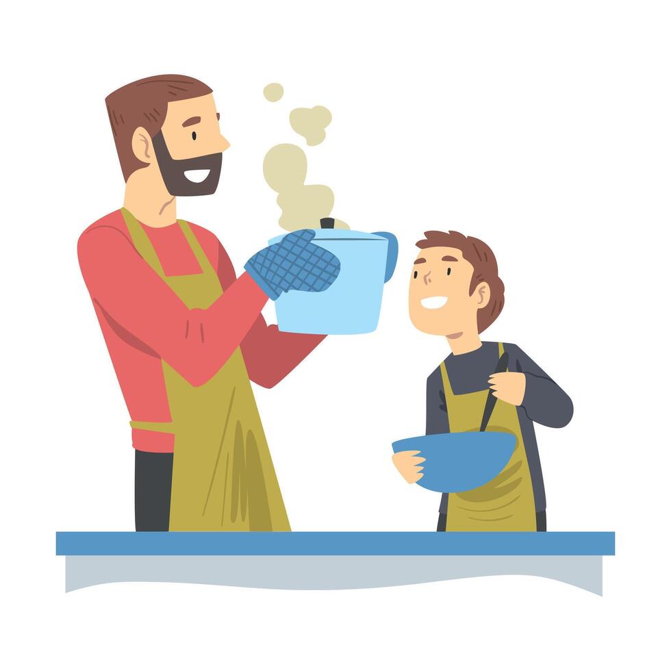 Dad and his Son Cooking Together, Parent Spending Time with Child and Teaching Son to Cook Cartoon Style Illustration vector