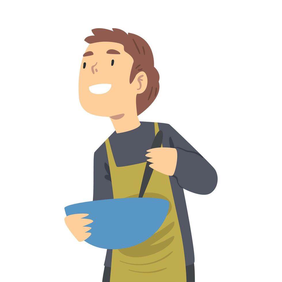 Boy in Apron Cooking in the Kitchen, Teenager Mixing Dough in Bowl Cartoon Style Illustration vector