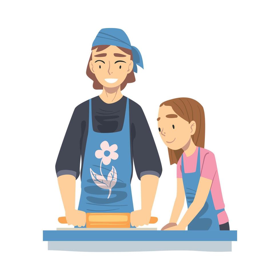 Mom and her Daughter Rolling out the Dough on Table, Parent Spending Time with Child and Teaching Daughter to Cook Cartoon Style Illustration vector