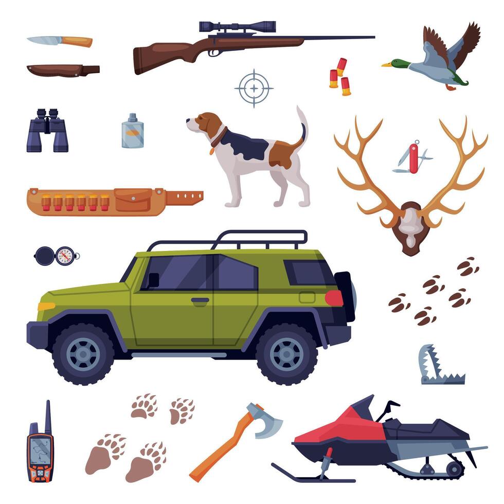 Hunting Objects Set, Hunter Tackles and Equipment Flat Illustration vector