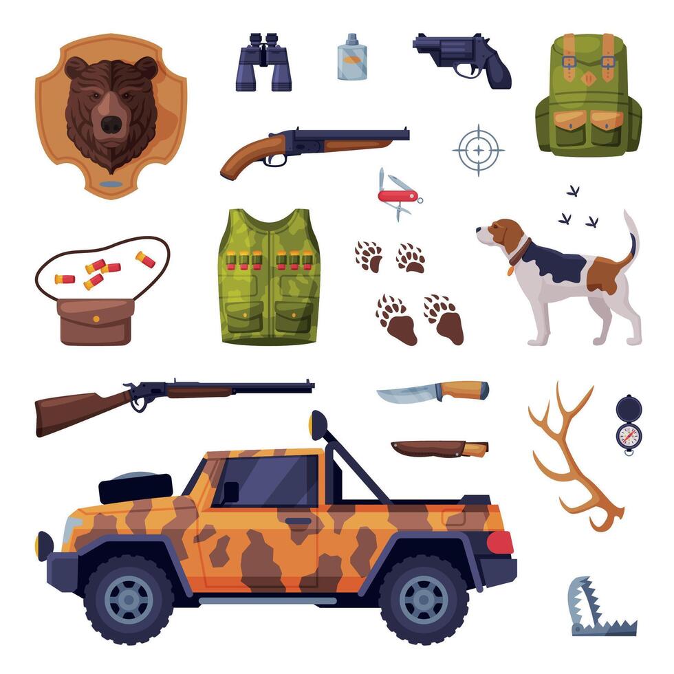 Hunting Attributes Set, Hunter Tackles and Equipment Flat Illustration vector