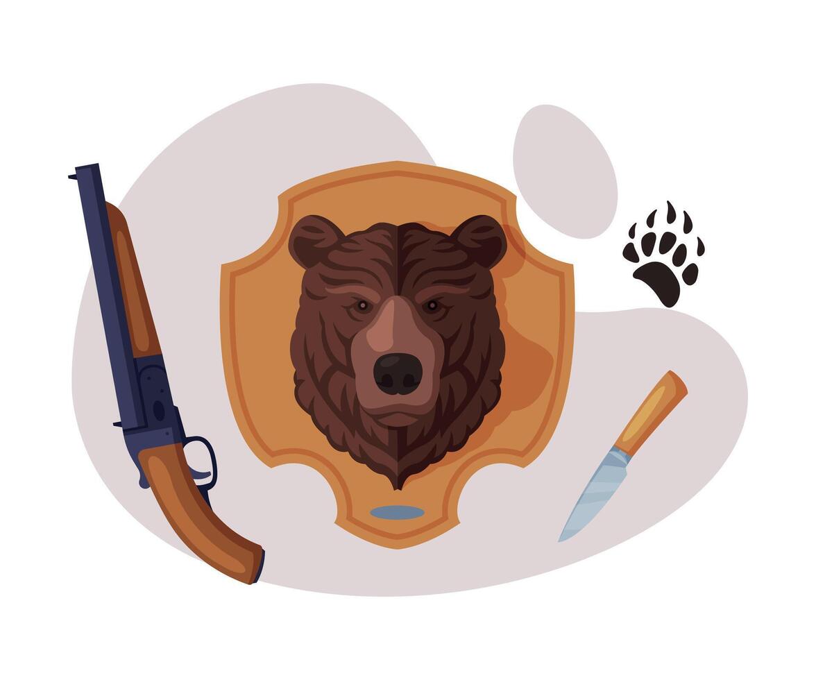 Hunting objects set, Shotgun, Hunting Knife, Stuffed Bear Head, Animal Paw Footprint, Flat Illustration vector