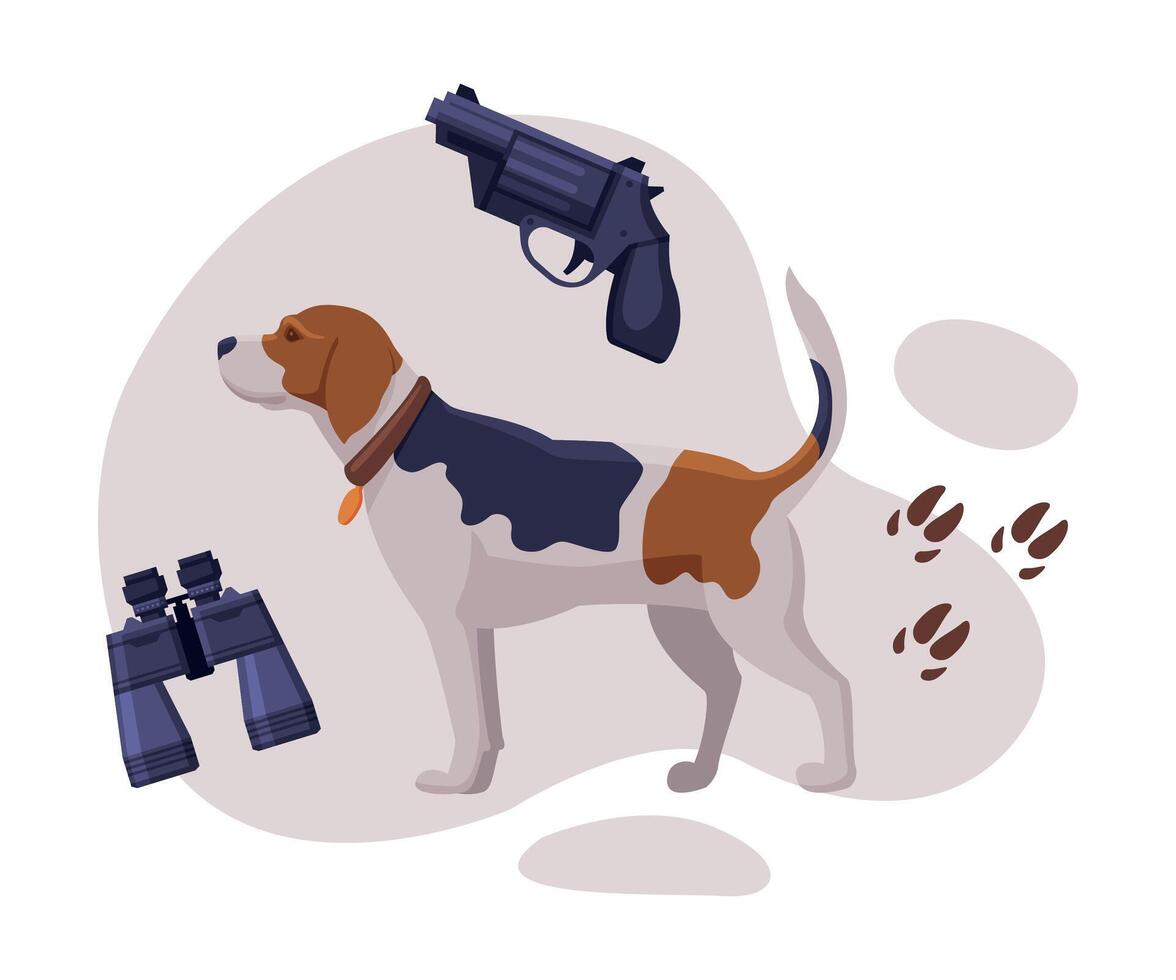 Hunting Objects Set, Hunting Dog, Gun, Binoculars and Footprints Flat Illustration vector