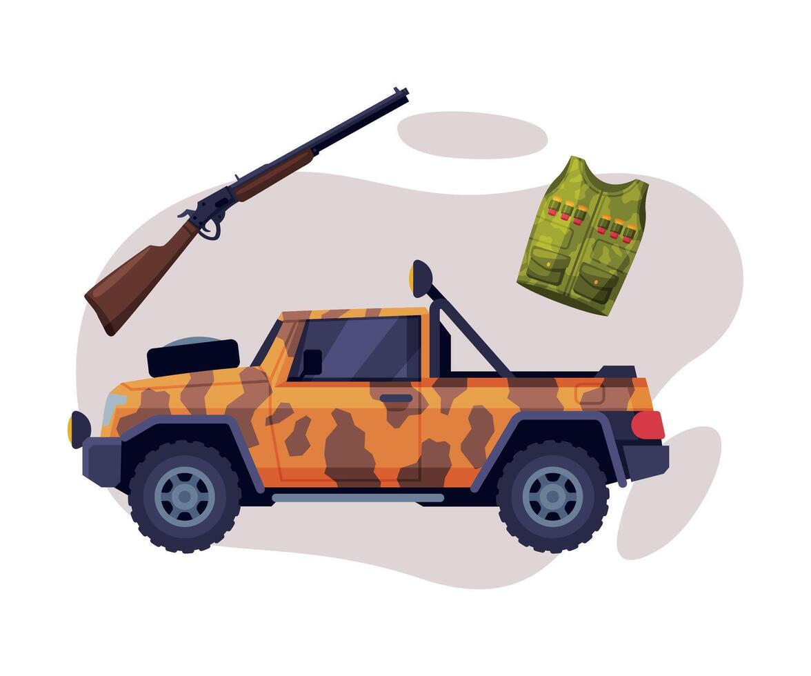 Hunting Objects Set, Hunter Car, Shotgun, Hunter Vest Flat Illustration vector