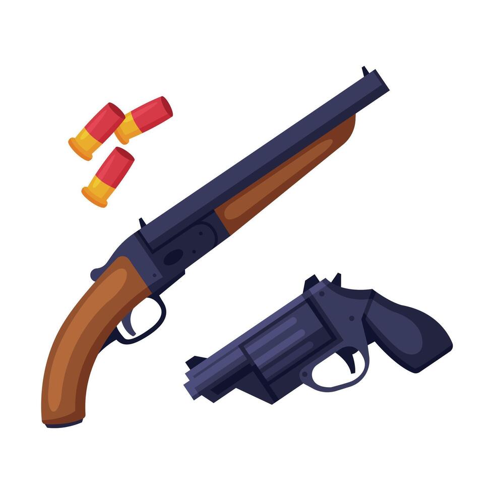 Weapon Set, Shotgun, Gun and Bullets, Hunting Tackles and Equipment Flat Style Illustration vector