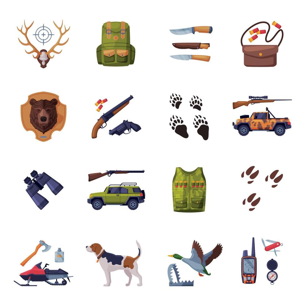 Hunter Attributes Set, Hunting Season Tackles and Equipment Big Collection Flat Illustration vector
