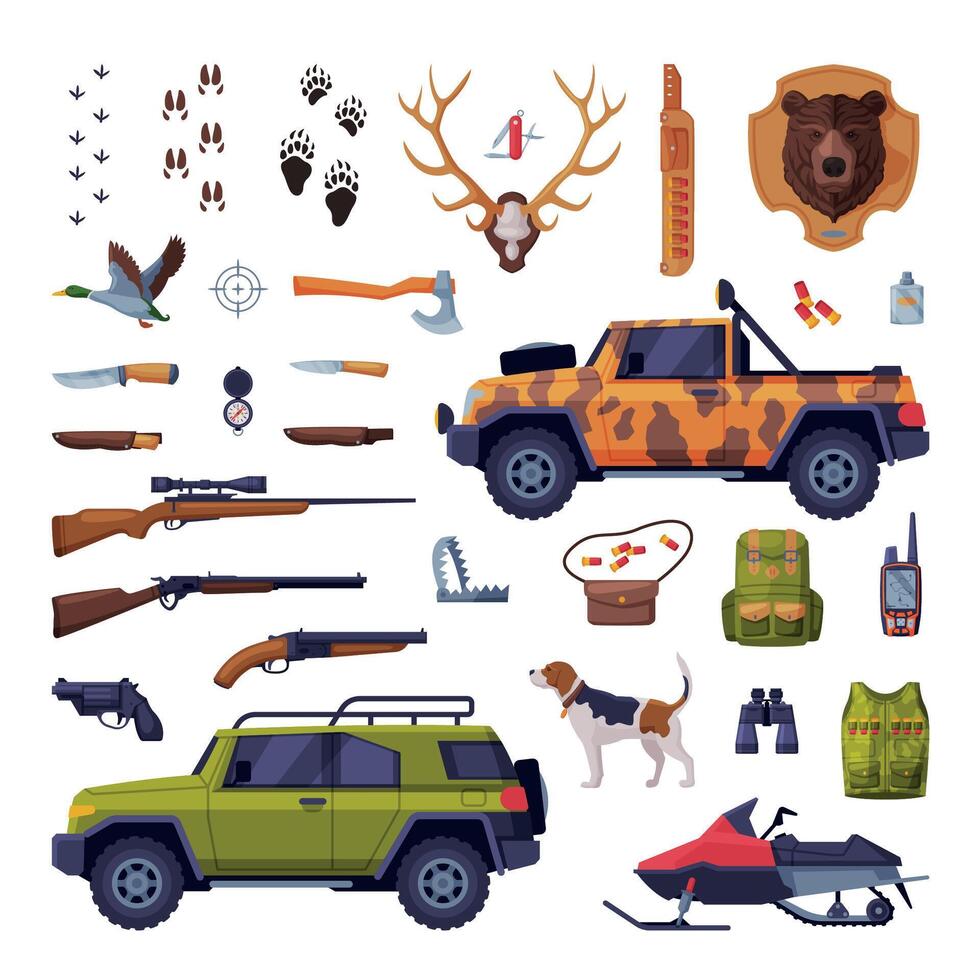 Hunting Season Attributes Set, Hunter Tackles and Equipment Big Collection Flat Illustration vector