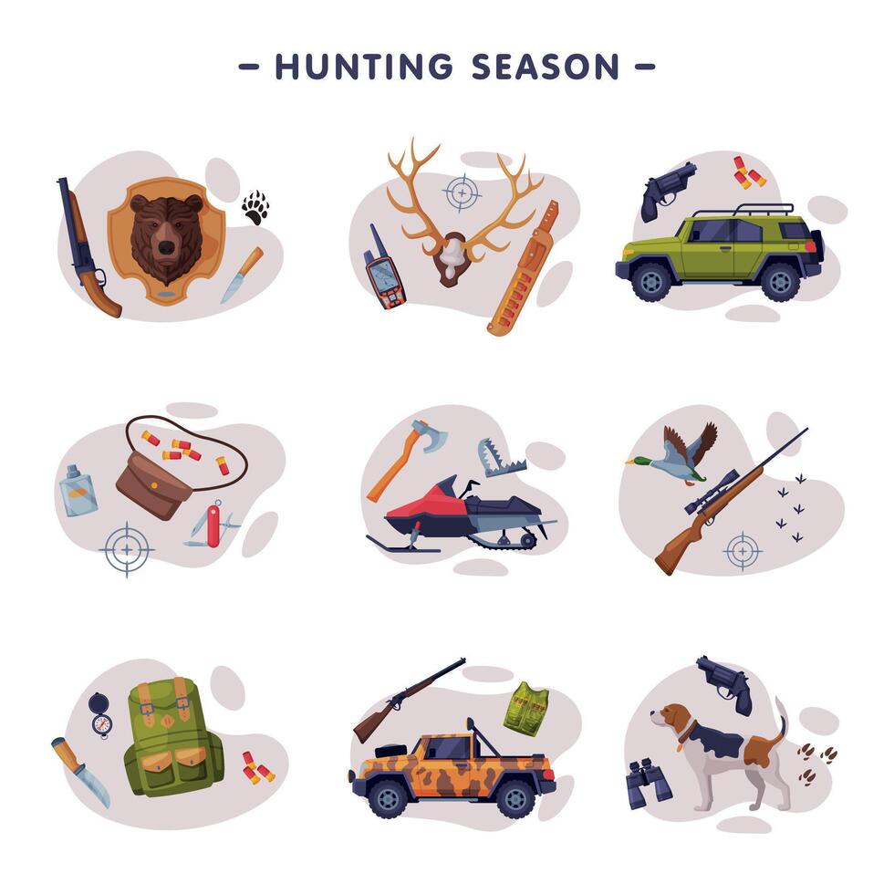 Hunting Season, Hunter Attributes, Tackles and Equipment Set Flat Illustration vector