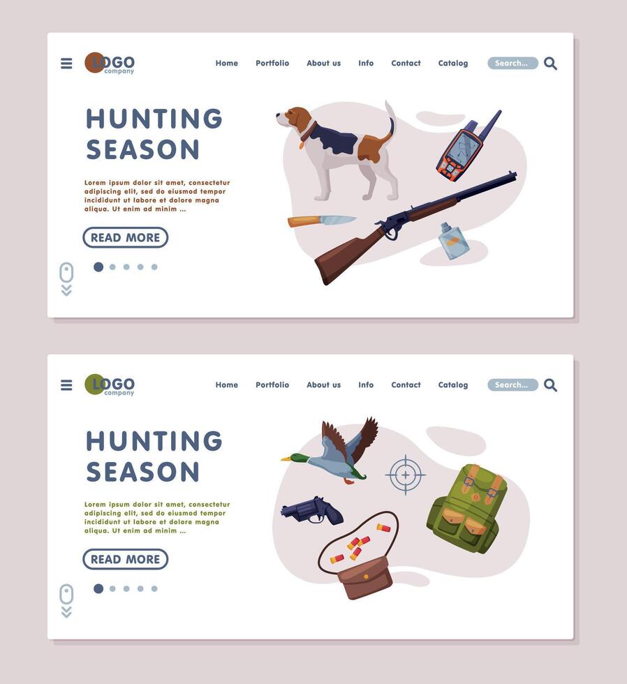 Hunting Season Landing Page Templates Set, Hunter Tackles and Equipment Website, Mobile App Interface Flat Illustration vector
